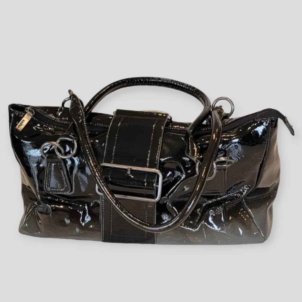 Hobo International Black And Gray Glossy Patent Leather Large Shoulder Bag